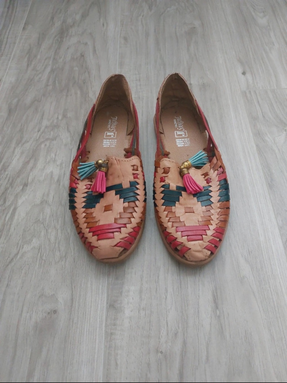 Vintage Handwoven Tan Leather Huarache Flats with Pink & Teal Accents Coastal‎